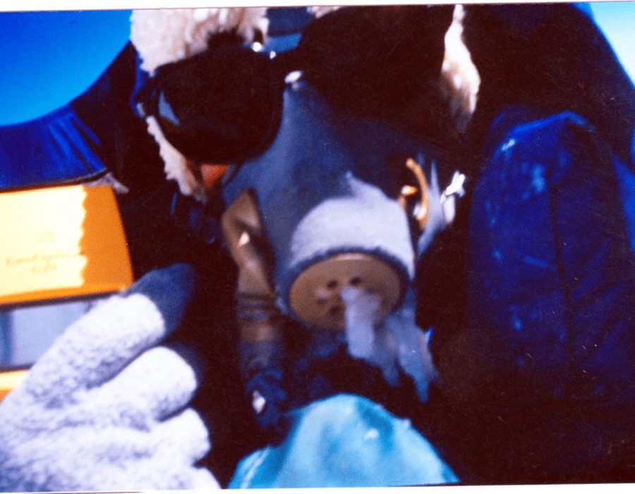A baby shark puppet surrounded by plush toys and colorful objects.