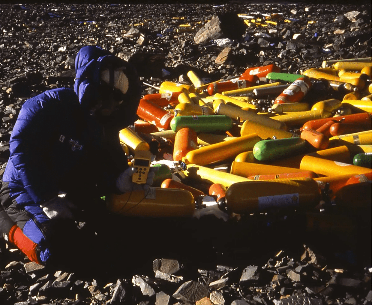 Cold-weather gear and colorful oxygen tanks