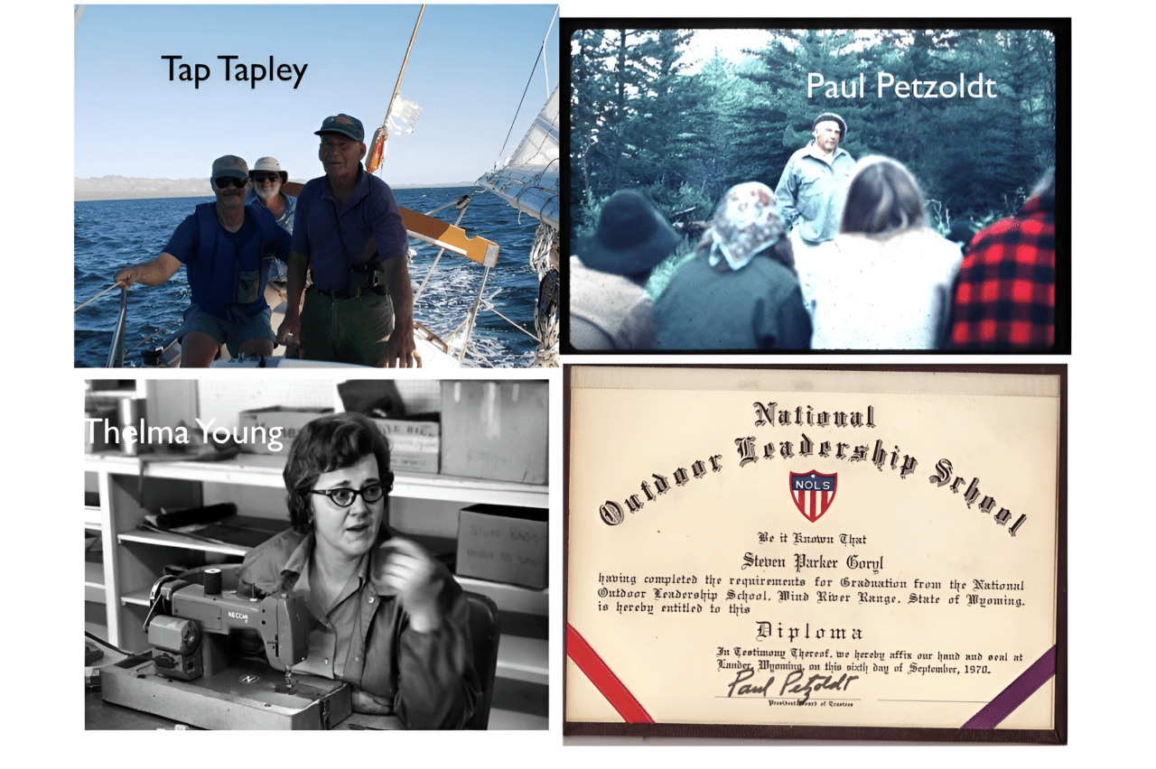A collage showing Paul Petzoldt with mountaineering scenes and his National Outdoor Leadership School diploma.