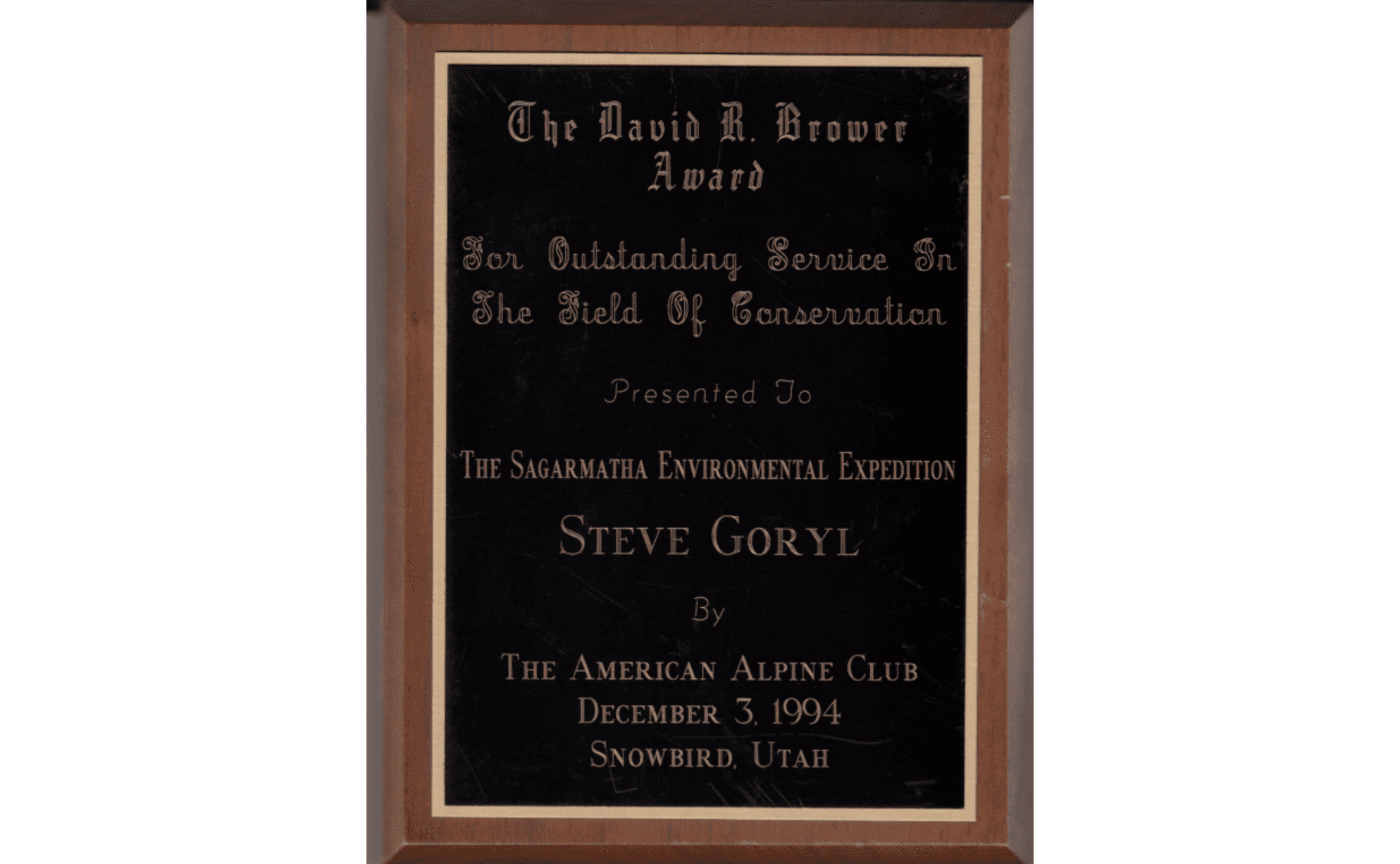 Award plaque for Steve Gorky recognizing outstanding service in conservation.