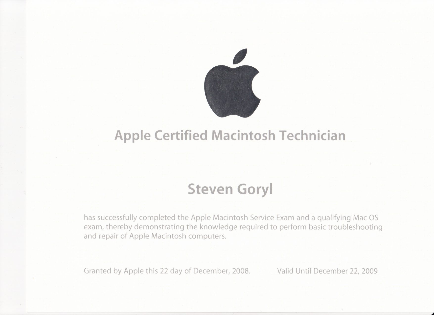 Apple Certified Macintosh Technician certificate for Steven Gorey.