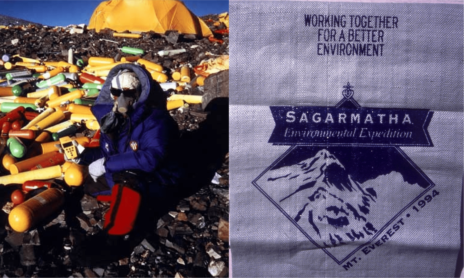 Two people in outdoor gear near a banner promoting environmental cooperation.