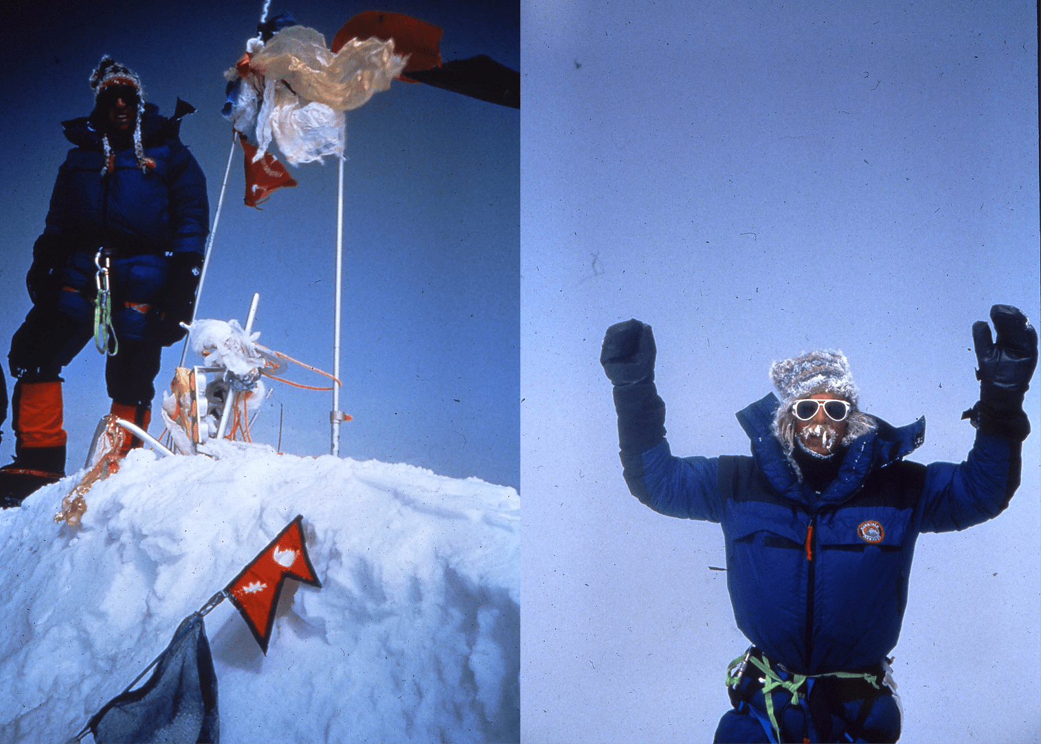 A climber reaching the summit with a celebratory pose beside a snowy peak.