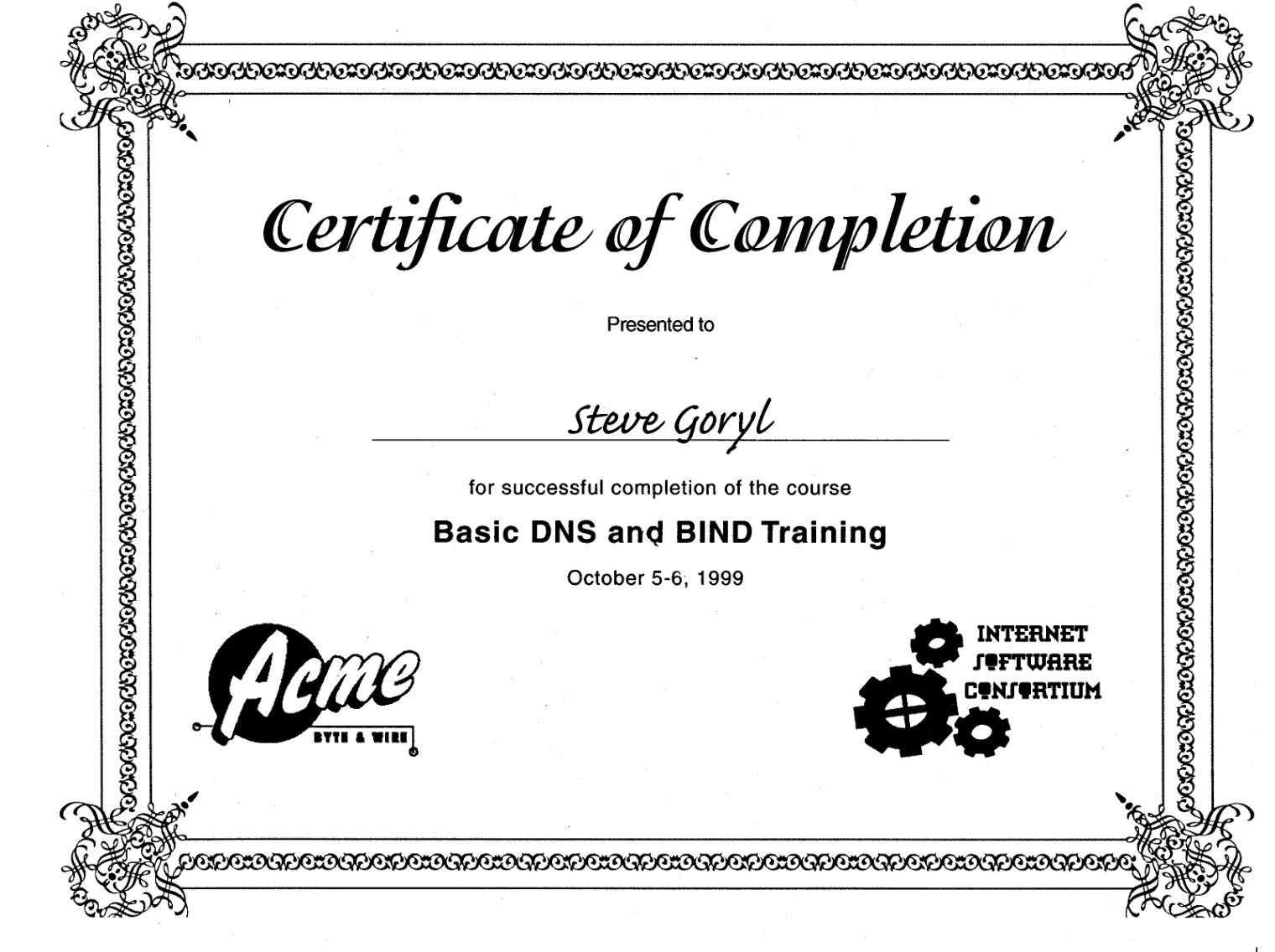 Certificate of Completion awarded to Susan Gerfy for DNS and BIND training.