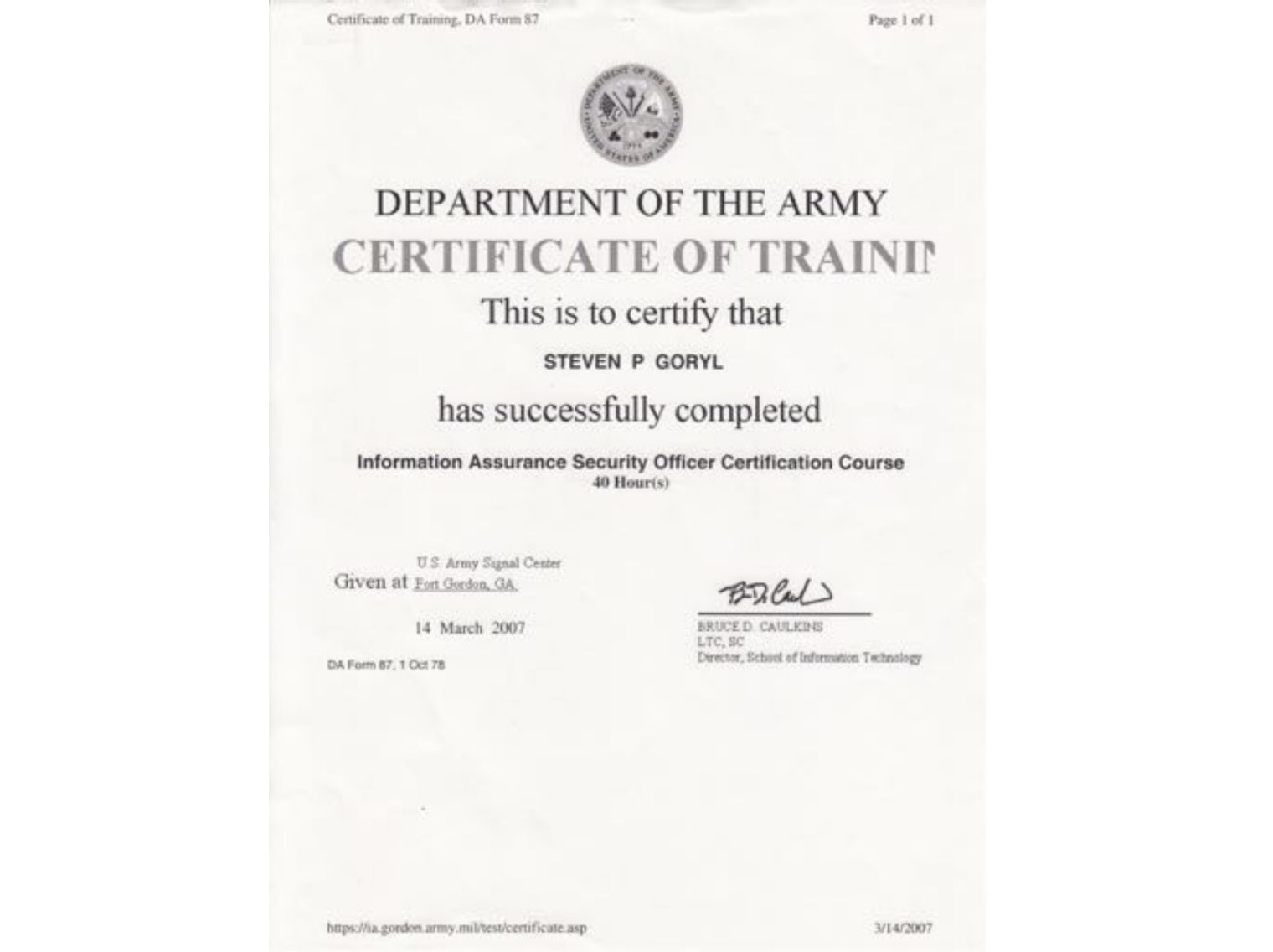 Certificate of training from the Department of the Army.